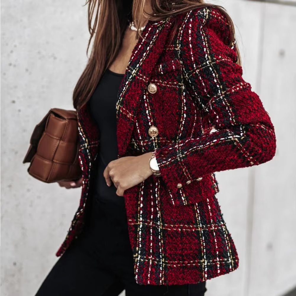 Avery™ - Modern Plaid Print Double Breasted Spring Blazer