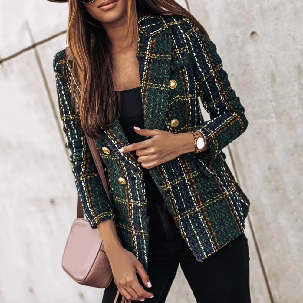 Avery™ - Modern Plaid Print Double Breasted Spring Blazer