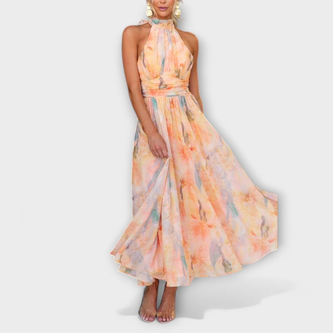 Hillary | Halter-neck Watercolor Print Maxi Dress
